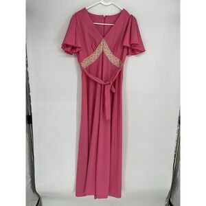 Vintage Fortrel Baby Doll Bubblegum Pink Maxi Dress Sz. 14 Lace Flutter Sleeve